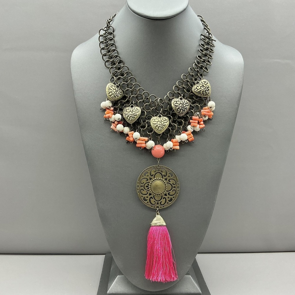 Necklace Multicolor Heart Bib Round Pendant Tassel Boho Womens Statement Jewelry